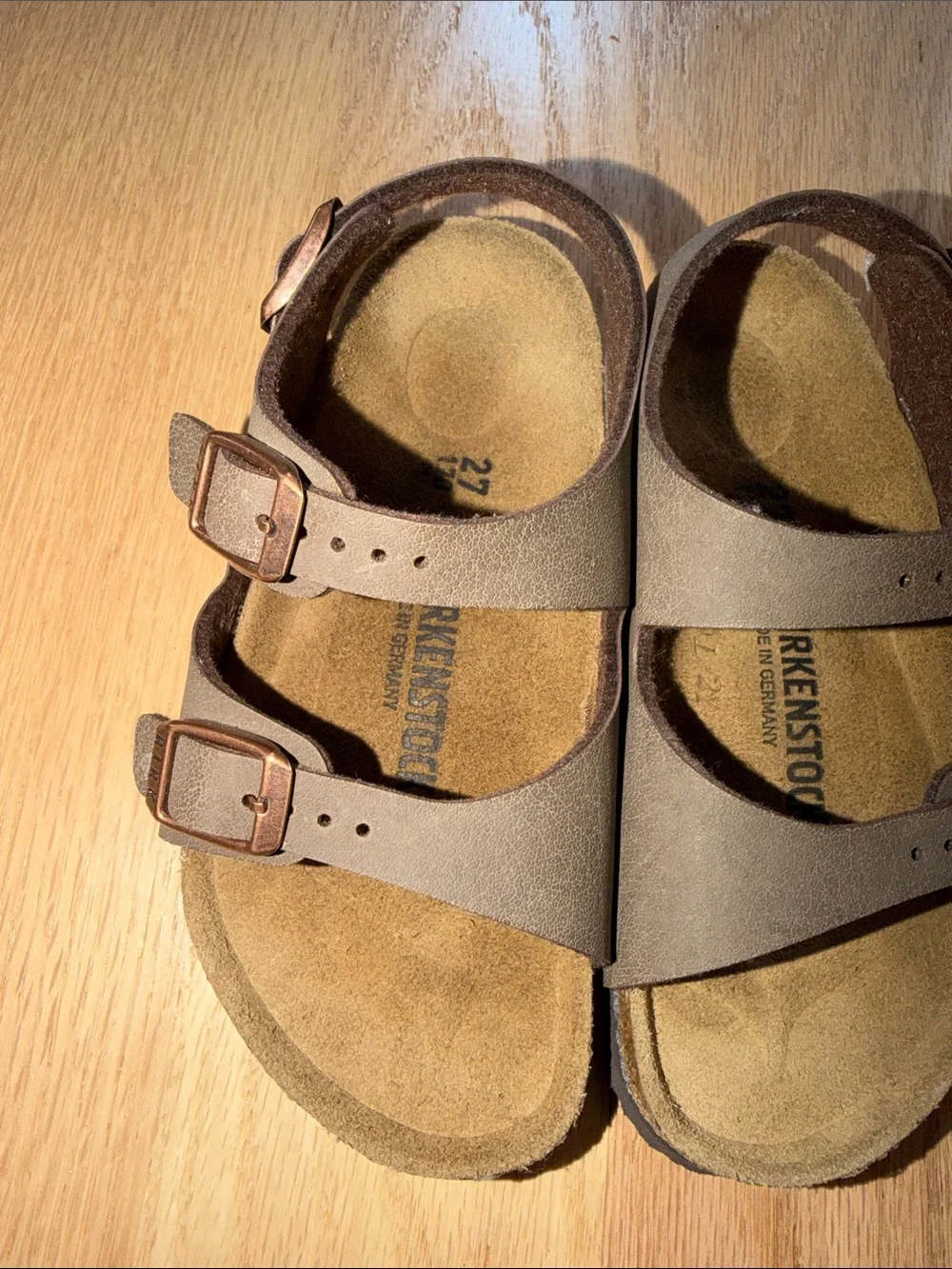 Birkenstock Kids Taupe Two-Strap Sandals with Bronze Buckles